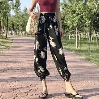 Printed High-waist Wide-leg Harem Pants Black - One Size