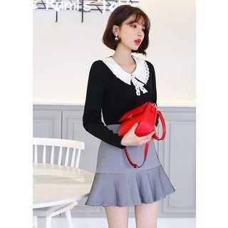 Collared Long-sleeve Top With Lace Brooch