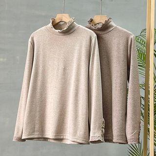 Long-sleeve Mock-neck Lace Trim T-shirt