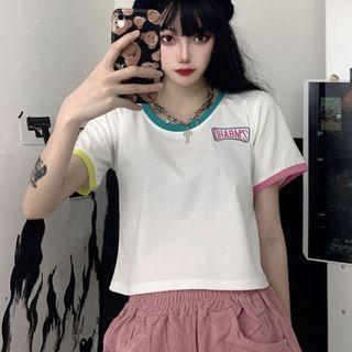 Contrast Trim Short Sleeve Lettering Cropped T-shirt