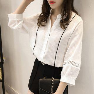 Stand-collar Linen Cotton Lantern Sleeve Blouse