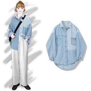 Paneled Denim Shirt Blue - One Size