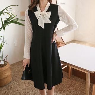 Inset Beribboned Dotted Blouse A-line Dress