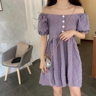 Off-shoulder Puff-sleeve Buttoned Mini A-line Dress