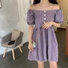 Off-shoulder Puff-sleeve Buttoned Mini A-line Dress