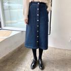 Button-front Stitched Midi Denim Skirt Dark Blue - One Size