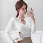 Long-sleeve Chain-accent Fuzzy Knit Top White - One Size
