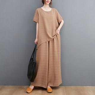 Set: Short-sleeve Striped Asymmetrical Blouse + Wide Leg Pants