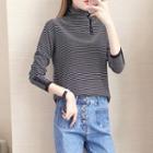 Long-sleeve Turtle-neck Striped Knit Top