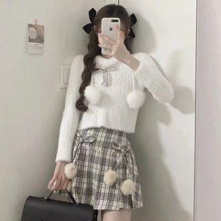 Bow Cropped Sweater / Plaid Mini A-line Skirt