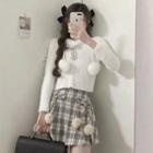 Bow Cropped Sweater / Plaid Mini A-line Skirt
