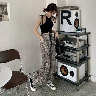 Drawstring Halter Top / Leopard Print Wide-leg Pants