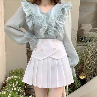 Long Sleeve V-neck Ruffle Trim Blouse / High-waist Pleated Skirt