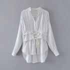 Long-sleeved Open-front Striped Sheath Blouse