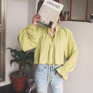 Beribboned Frill-neck Accordion-pleat Blouse