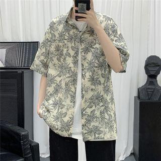 Elbow-sleeve Leaf Pattern Print Shirt