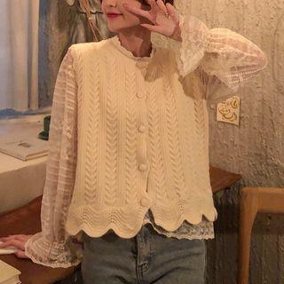 Bell-sleeve Lace Top / Single-breasted Knit Vest