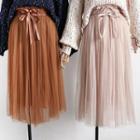 Ribbon-waist Pleated Mesh Midi Skirt
