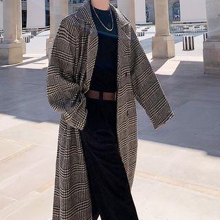 Plaid Double-breasted Midi Coat Khaki - One Size