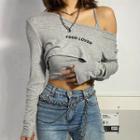Set: Long-sleeve Off-shoulder Lettering Print Crop Top + Camisole Top