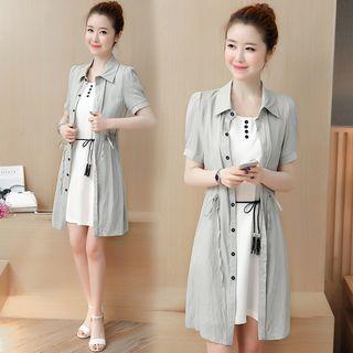Set: Short-sleeve Long Shirt + Tie-waist Tank Dress