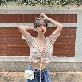 Floral Short-sleeve Top Tangerine - One Size