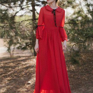 Bell-sleeve Dotted Maxi Chiffon Dress