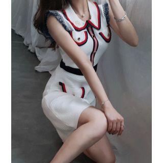 Fringed-sleeve Pocket-detail Contrast-trim Knit Dress