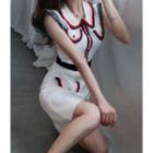 Fringed-sleeve Pocket-detail Contrast-trim Knit Dress