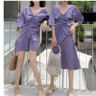 3/4-sleeve Checker Drawstring Dress