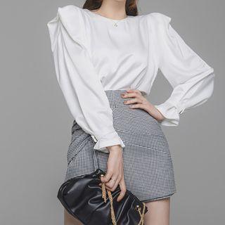 Set: Long-sleeve Ruffled Blouse + Plaid Mini Skort
