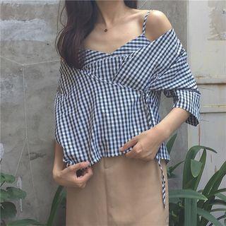 Set: Gingham Camisole Top + Elbow Sleeve Wrapped Top
