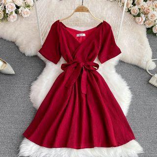 Plain Crinkled Wrap Mini Dress
