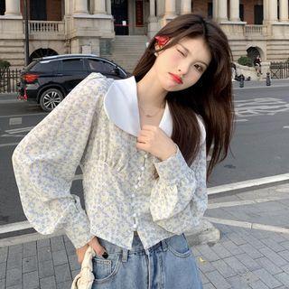 Lantern-sleeve Collar Floral Blouse Beige - One Size
