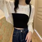 Long-sleeve Perforated Cropped Knit Top / Plain Camisole Top