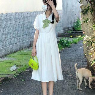 Short-sleeve Collar Ribbon Tie-neck Midi A-line Dress