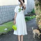 Short-sleeve Collar Ribbon Tie-neck Midi A-line Dress