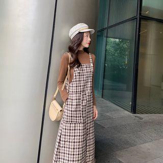 Set: Long-sleeve Mock-neck T-shirt + Plaid Midi A-line Pinafore Dress