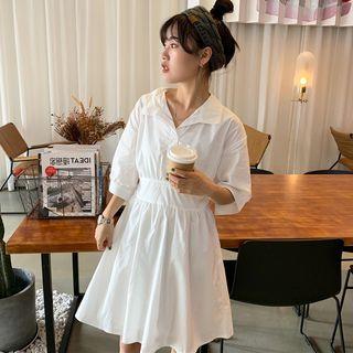 3/4-sleeve Plain A-line Dress White - One Size