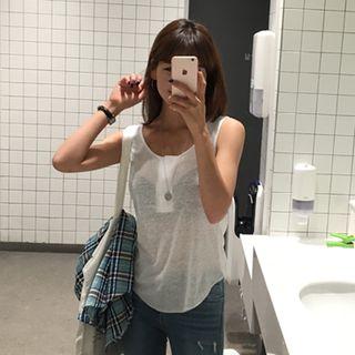 Hidden-button Sheer Tank Top
