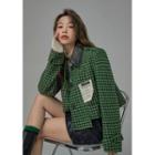 [no One Else] Faux-leather Collar Plaid Jacket Green - One Size