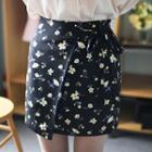Band-waist Flap-front Floral Mini Skirt