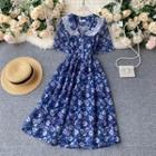 Lace Collar Panel Floral Dress Blue - One Size