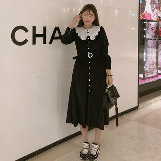 Lace-collar Faux-pearl Velvet Dress With Belt Black - One Size