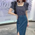 Short-sleeve Lace Trim Blouse / Side-slit Denim Midi Pencil Skirt