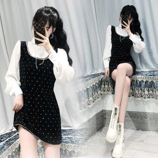 Set: Long-sleeve Blouse + Dotted Mini A-line Overall Dress