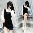 Set: Long-sleeve Blouse + Dotted Mini A-line Overall Dress