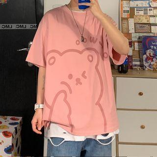 Bear Printed Round-neck Short Sleeve T-shirt