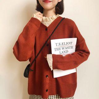 V-neck Knit Cardigan Tangerine Red - One Size