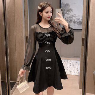 Puff-sleeve Faux Pearl Bow A-line Dress